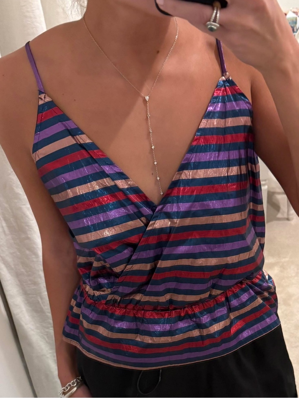 Corey Lynn Calter Striped V-Neck Spaghetti Strap Top in Purple and Pink
